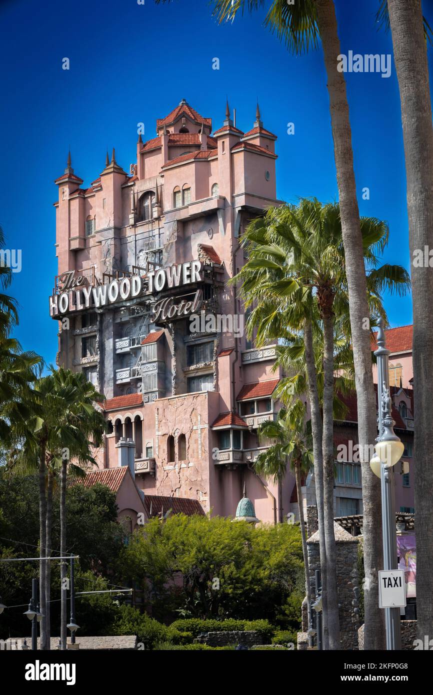 A vertical shot of the Hollywood Tower of Terror in Walt Disney World, Florida, United States Stock Photo
