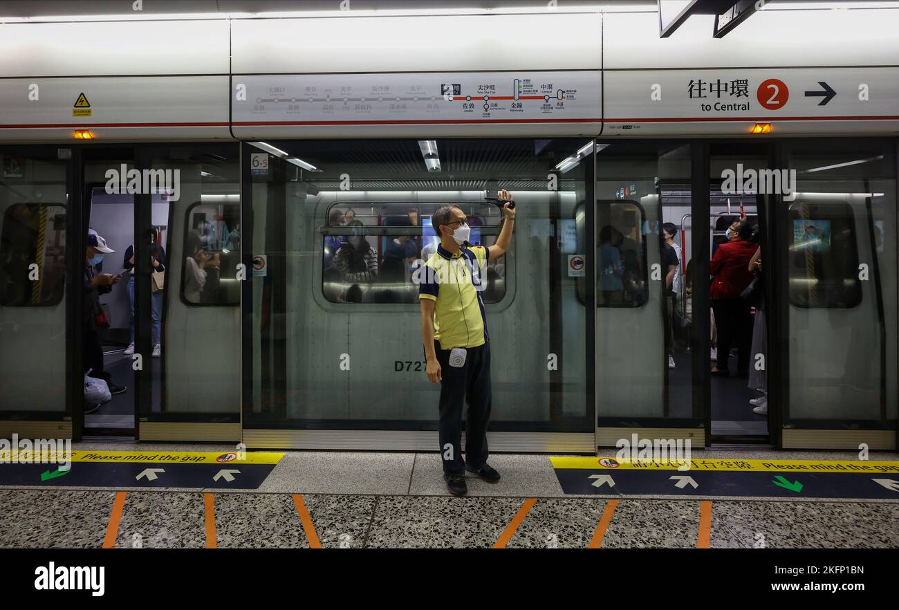 Hong KongHH MTR Corporation resume full service along the Tsuen Wan line on Monday morning after a train derailed at Yau Ma Tei station the day before, tearing off two sets of the vehicleHH doors, pictured in Yau Ma Tei.     14NOV22.    SCMP / May Tse Stock Photo