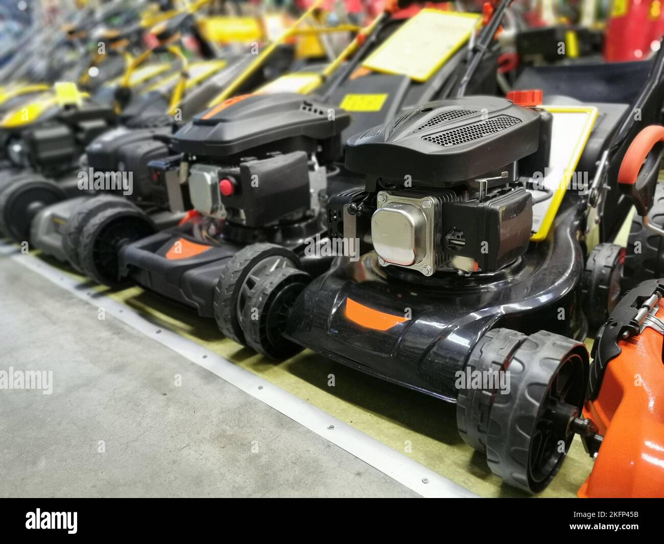 shelves with lawn mowers, trimmers and other garden equipment in ...