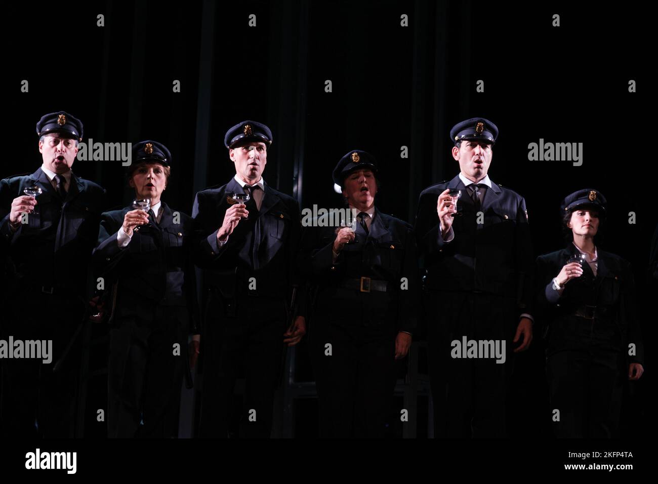 Actors seen on stage during the performance of the opera Policías Y Ladrones  (Cops and Thieves) at the Zarzuela theater in Madrid. Stock Photo