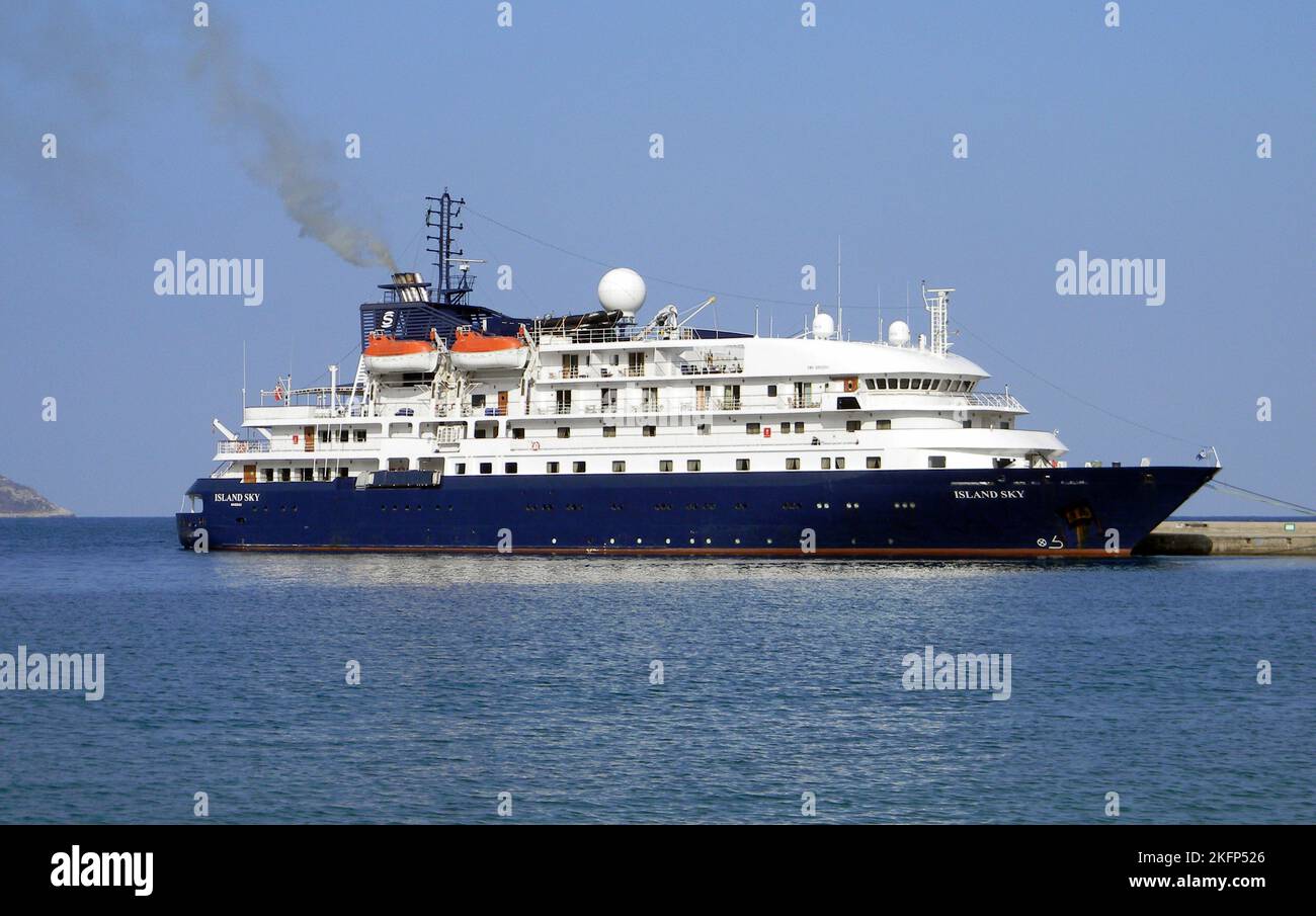 Expedition vessel Island Sky moored at Monemvasia, Laconia, Greece Stock Photo