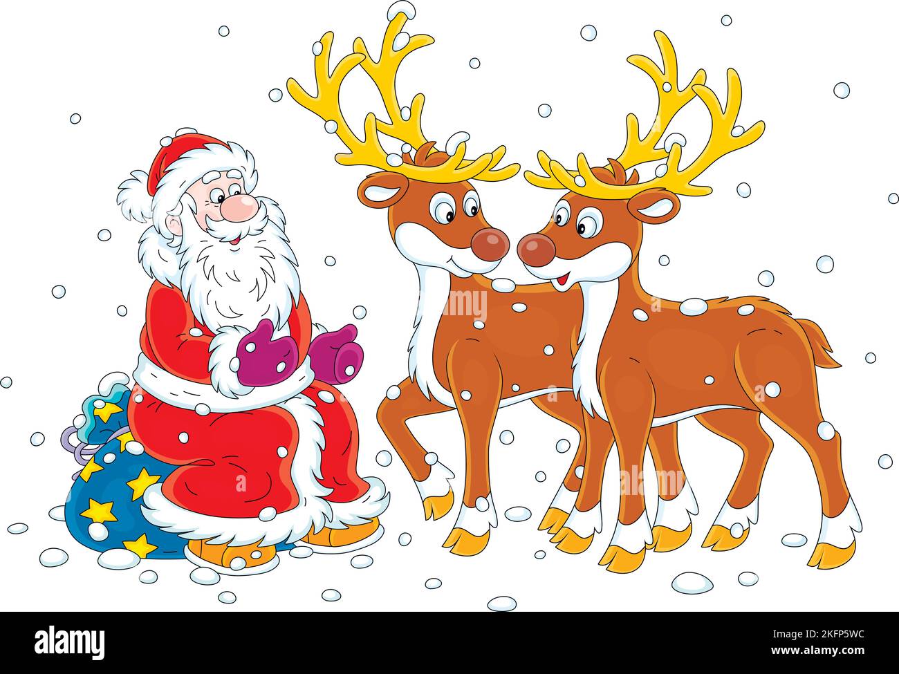 Santa Claus sitting on his bag of gifts and friendly talking to reindeer before a magical 