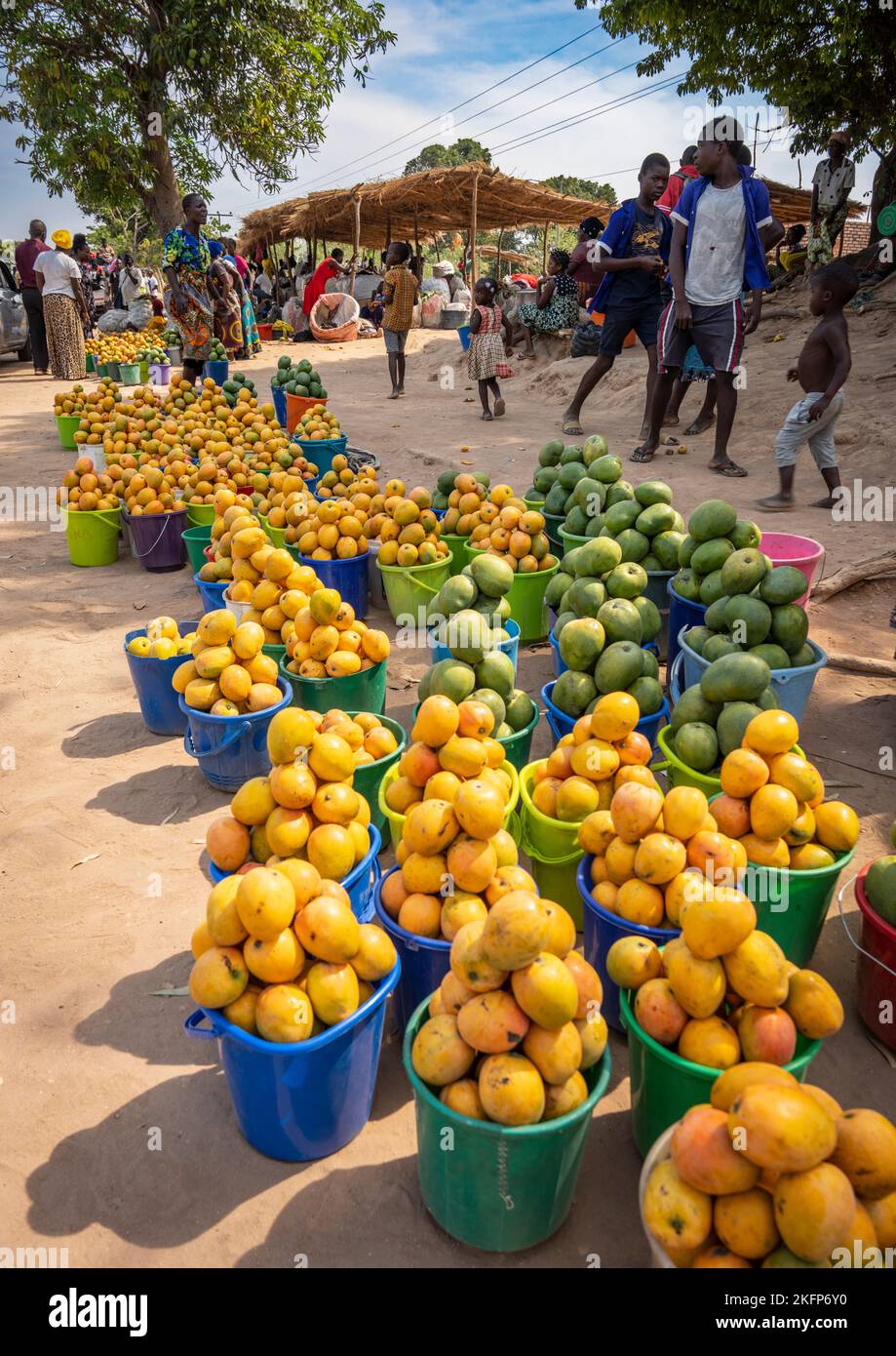Buckets of mangos for sale by the roadside in rural Malawi Stock Photo
