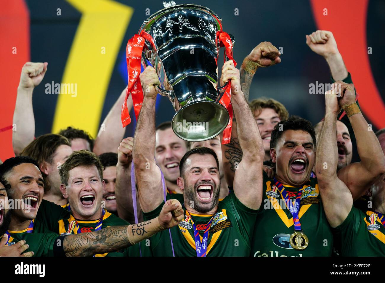 Australia's James Tedesco (centre) lifts the trophy following the Rugby League World Cup final at Old Trafford, Manchester. Picture date: Saturday November 19, 2022. Stock Photo