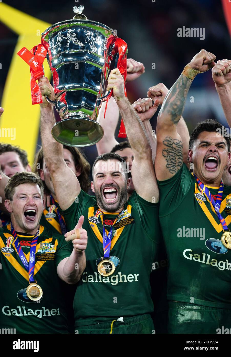 Australia's James Tedesco (centre) lifts the trophy following the Rugby League World Cup final at Old Trafford, Manchester. Picture date: Saturday November 19, 2022. Stock Photo