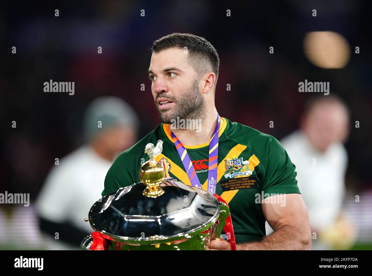 Australia's James Tedesco celebrates with the trophy following the Rugby League World Cup final at Old Trafford, Manchester. Picture date: Saturday November 19, 2022. Stock Photo