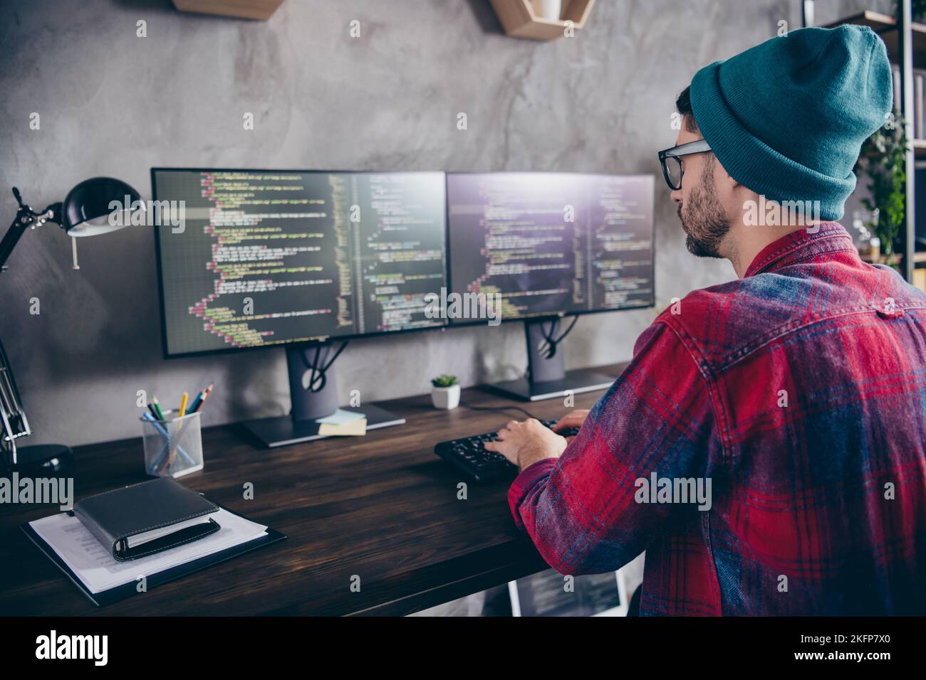 Photo of busy confident guy dressed eyewear hat writing code modern ...