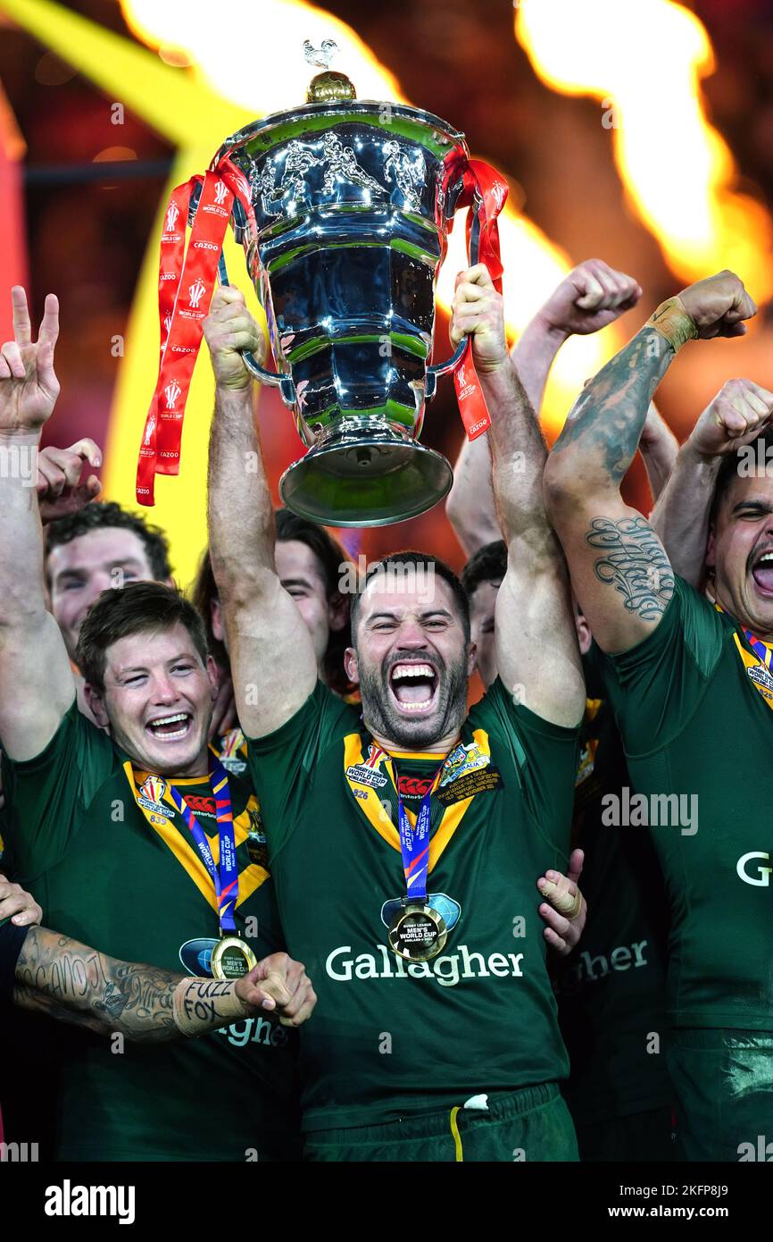 Australia's James Tedesco lifts the trophy following the Rugby League World Cup final at Old Trafford, Manchester. Picture date: Saturday November 19, 2022. Stock Photo