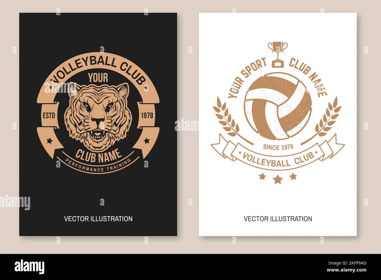 Volleyball club flyer, brochure, banner, poster. Vector illustration. For sport club emblem, sign, logo. Vintage monochrome label, sticker, patch with Stock Vector
