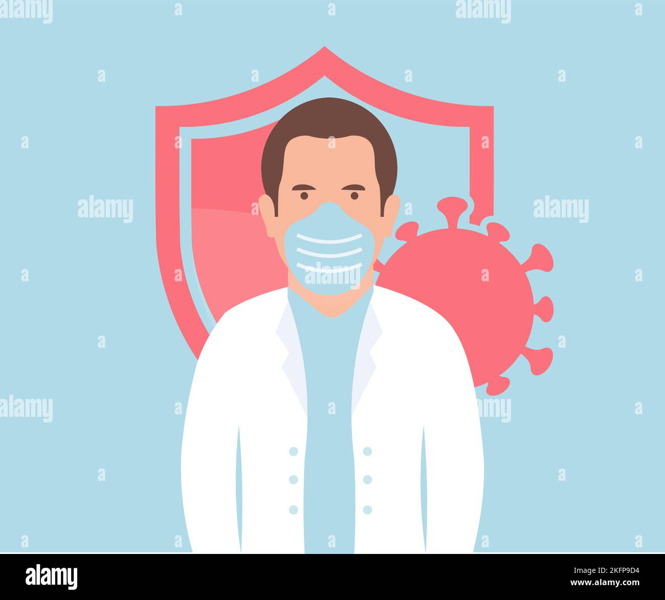 Doctor from hospital, therapist, medical staff. Doctor Virus and shield, antibacterial protection logo design. Doctor, surgeon, physician, paramedic. Stock Vector