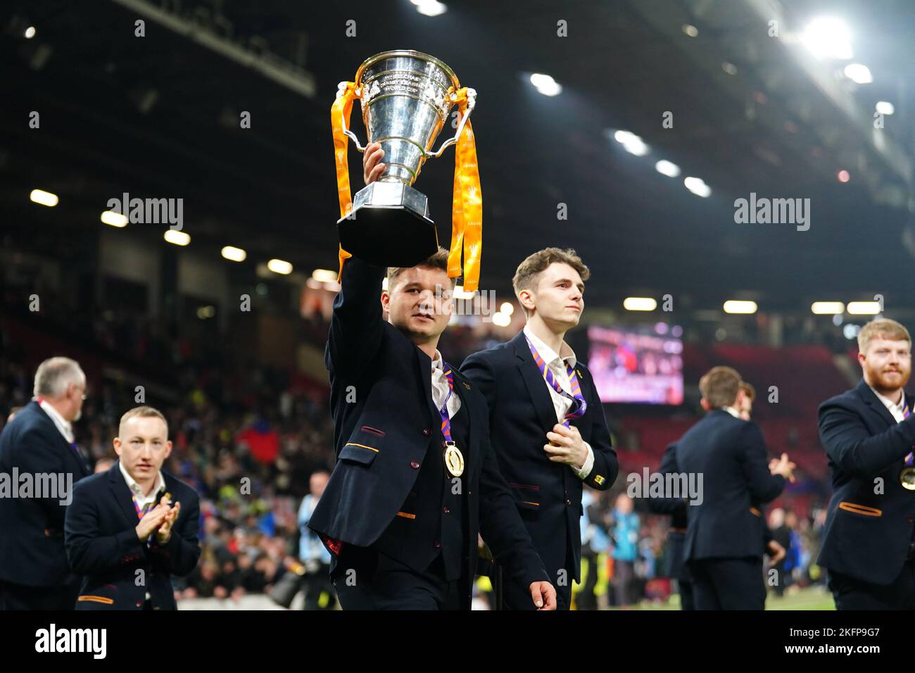 England's Tom Halliwell with the trophy for Wheelchair rugby following the Rugby League World Cup final at Old Trafford, Manchester. Picture date: Saturday November 19, 2022. Stock Photo