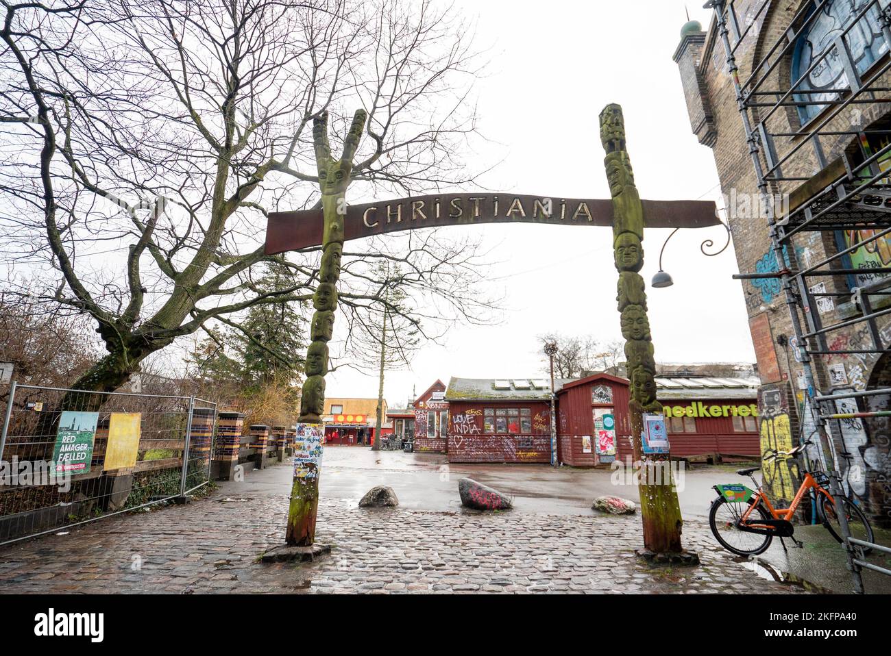 The entrance to Christiania freetown, Copenhagen, Denmark. Freetown Christiania- an intentional community, commune and micronation in Christianshavn. Stock Photo