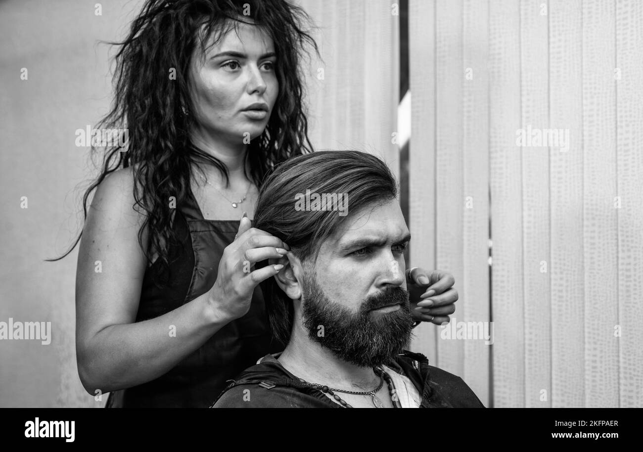 Hip and stylish. brutal hipster with moustache wash hair before new