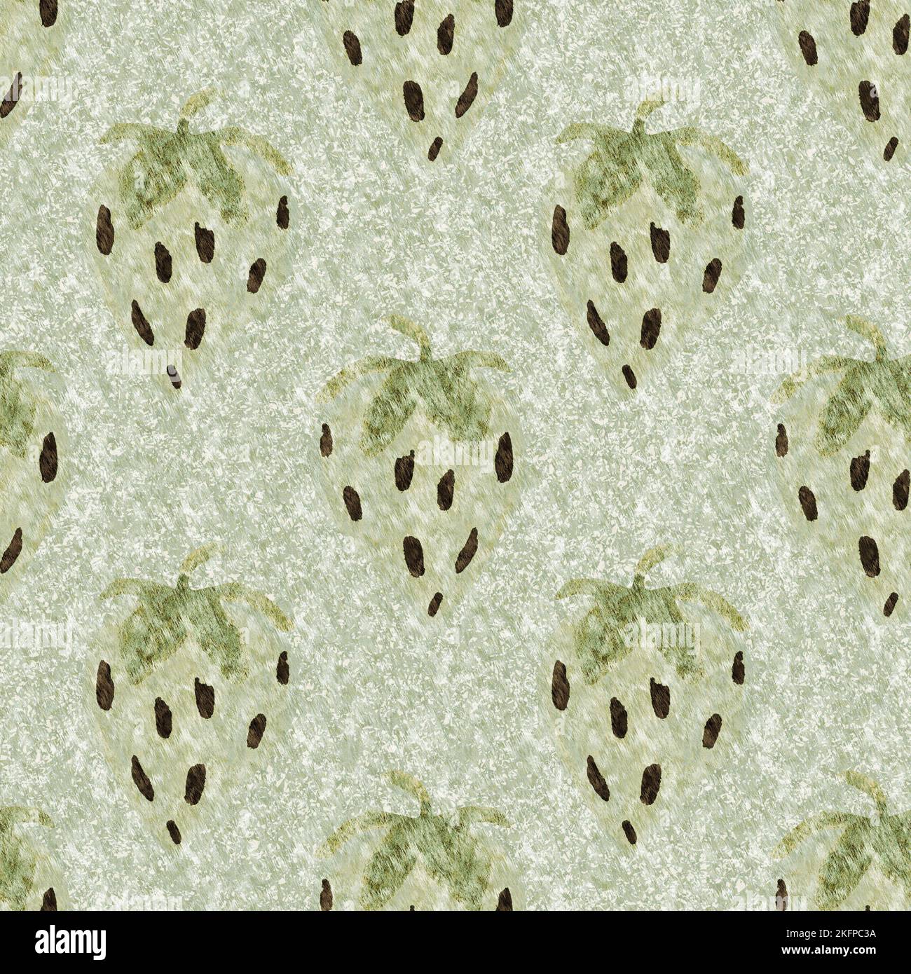 Green marl strawberry vintage seamless pattern. Cottagecore linen
