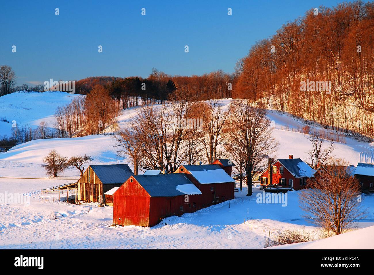 Rustic barns sit in a charming snow covered winter meadow near Christmas in the quaint farm of Vermont Stock Photo