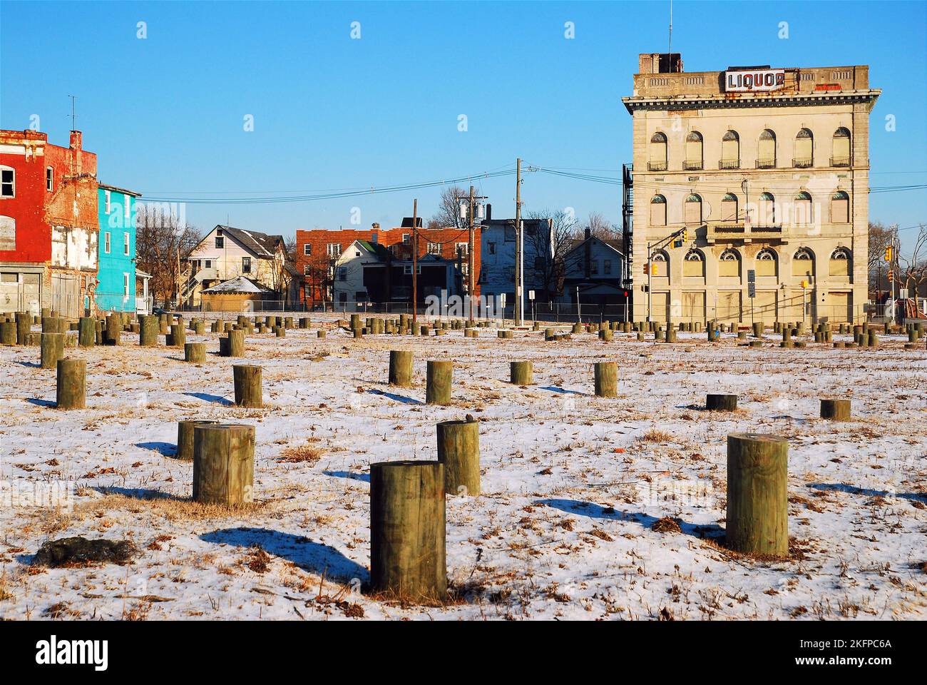 Crumbling, vacant and abandoned buildings sit in a once vibrant city center, are now the target of renovation to overcome urban blight and decay Stock Photo