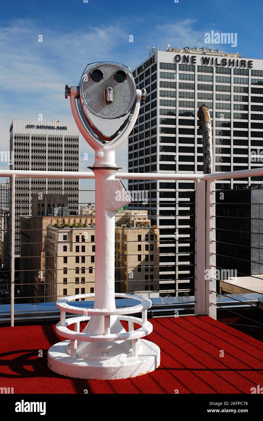 a viewfinder offers an impressive aerial view from the Standard Rooftop, looking onto the skyline of downtown Los Angeles Stock Photo