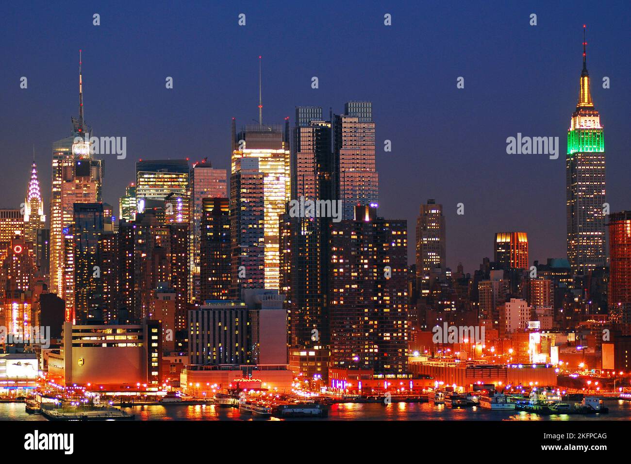 Night View of the New York City Skyline, is illuminated at night, as Seen from Weehawken, across