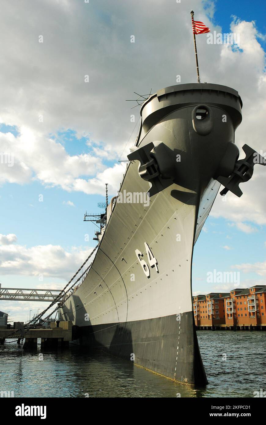 The USS Wisconsin, a decommissioned navy ship, is moored along the waterfront of Norfolk, Virginia Stock Photo