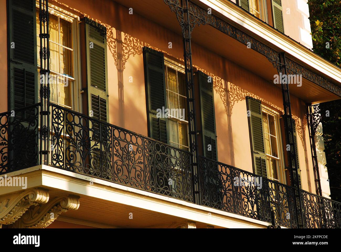 Detail of the Wrought Iron Balcony, invoking a New Orleans feel, are present on the exterior of the Edmonston Alston House, Charleston, South Carolina Stock Photo