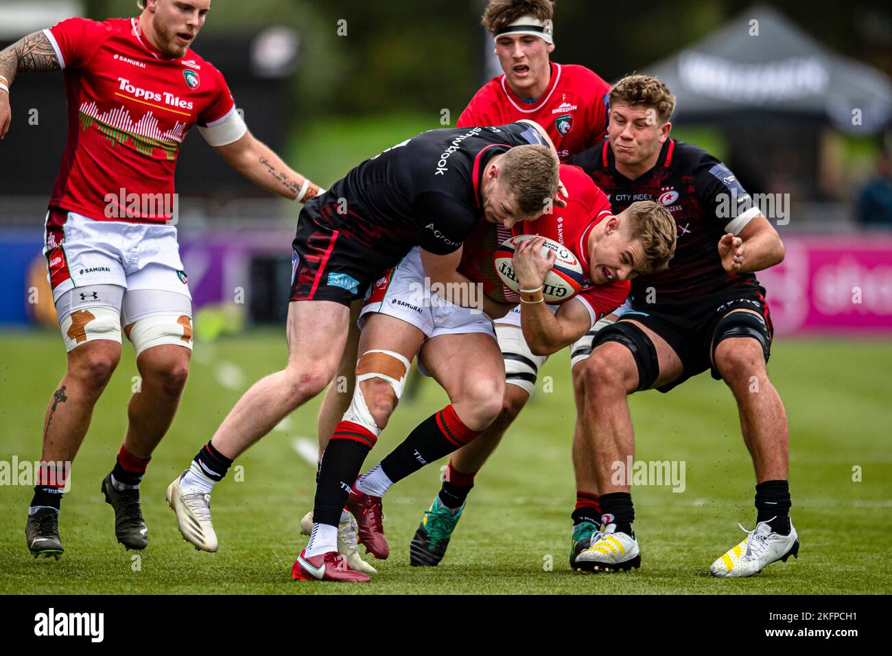 LONDON, UNITED KINGDOM. 19th, Nov 2022. Charlie Atkinson of Leicester Tigers (centre) is tackled during Premiership Rugby Match Round 4 between Saracens vs Leicester Tigers at StoneX Stadium on Saturday, 19 November 2022. LONDON ENGLAND.  Credit: Taka G Wu/Alamy Live News Stock Photo