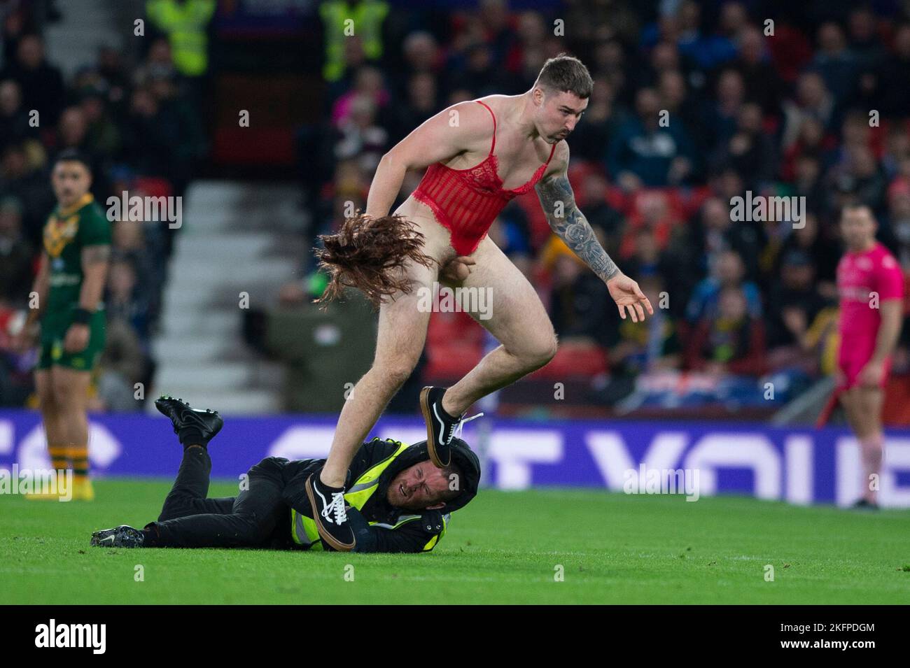 Streaker halts play during the 2021 Rugby League World Cup Final