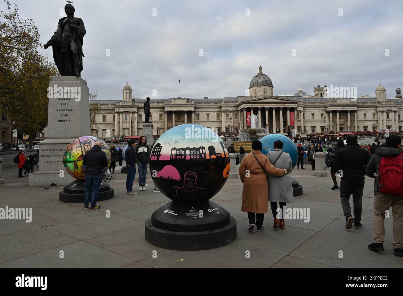 London, UK. 19th Nov 2022. Black history - The World Reimagined, globes in Trafalgar Square, about the Transatlantic Trade in Enslaved Africans. Stock Photo