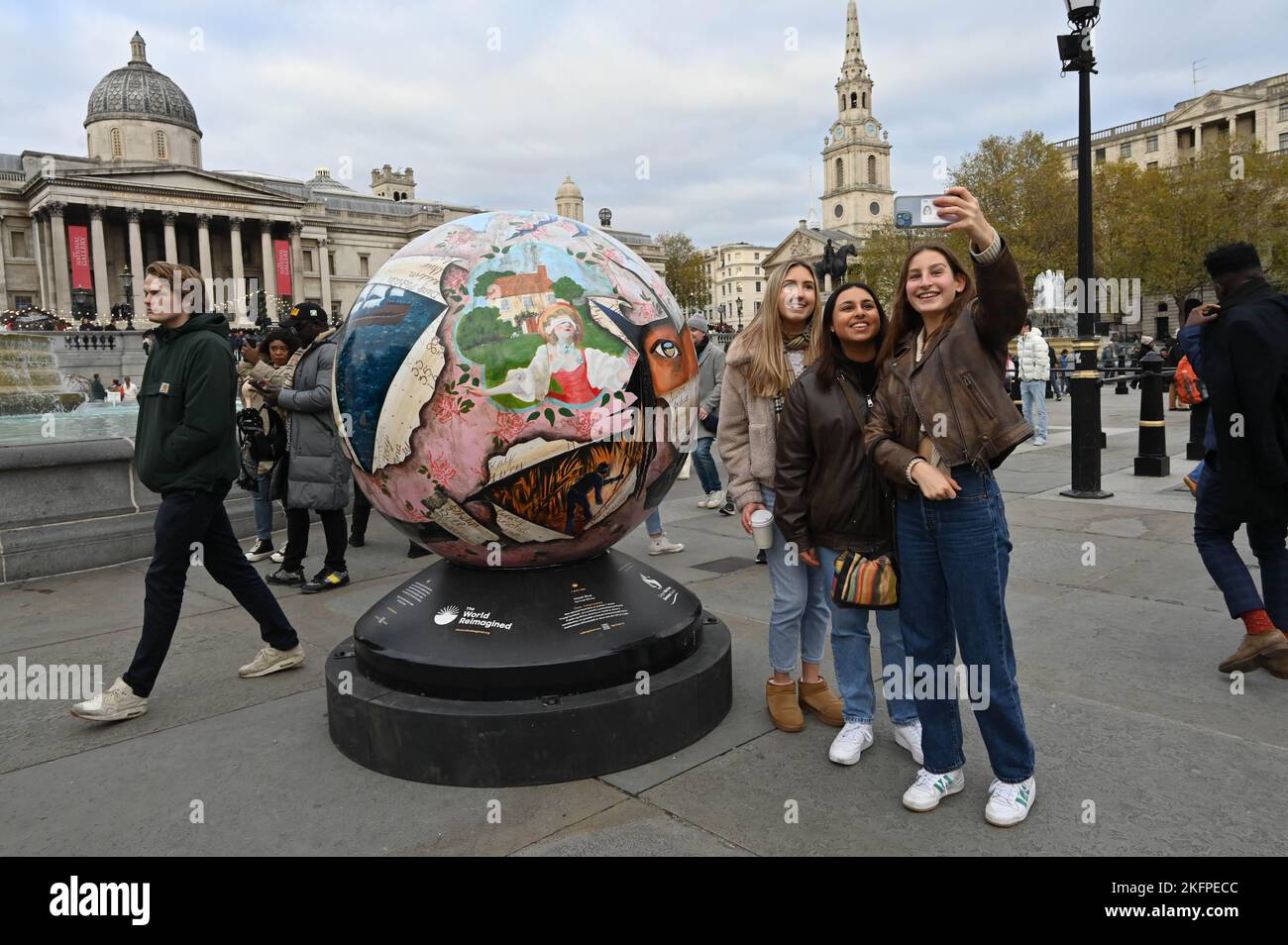 London, UK. 19th Nov 2022. Black history - The World Reimagined, globes in Trafalgar Square, about the Transatlantic Trade in Enslaved Africans. Stock Photo