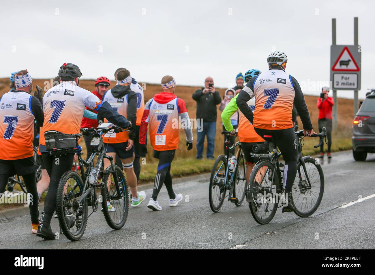 Kevin Sinfield and his team on Day 7 of his Ultra7 in 7 Challenge from Edinburgh to Manchester in November 2022, raising money for MND Charities Stock Photo