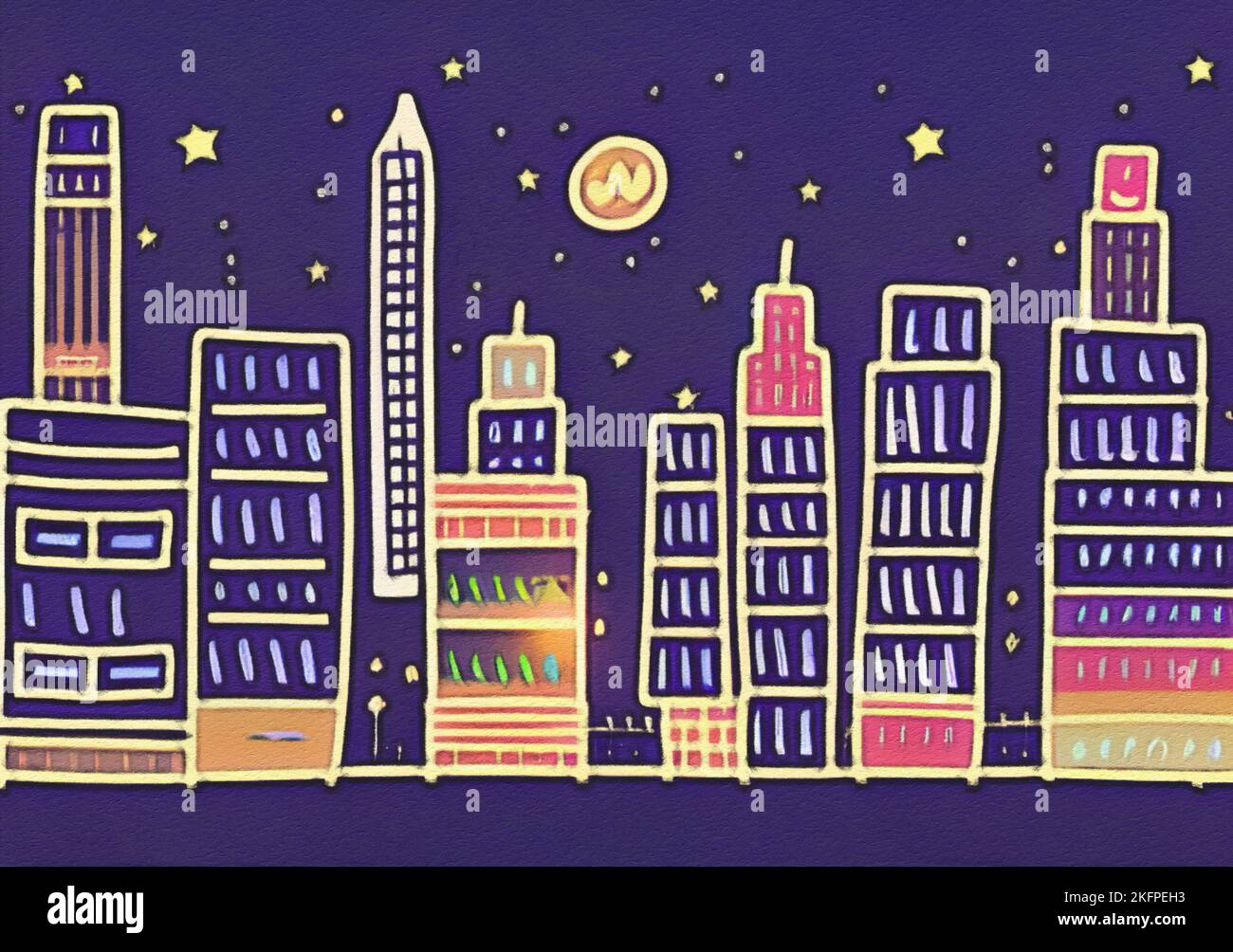 Night city illustration. Digital painting art of cartoon city at night.  Trendy print or design background Stock Photo - Alamy