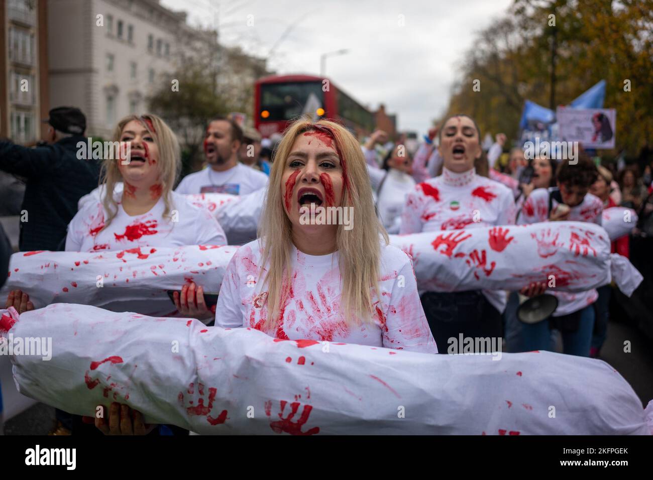 London/ UK. 19th Nov 2022. Thousands of demonstrators against the Iranian regime mounted their latest protest March from Iranian embassy through to Whitehall in central London. London/UK Aubrey Fagon/ Live News Alamy. Stock Photo