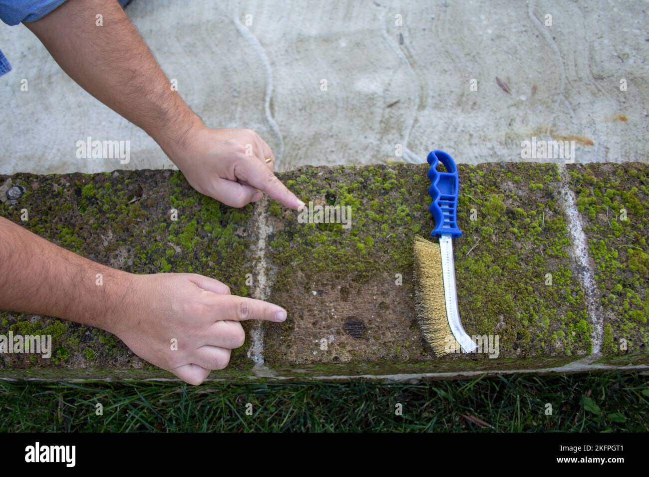 Image of the hands of a handyman using a steel brush to remove mold and moisture from bricks