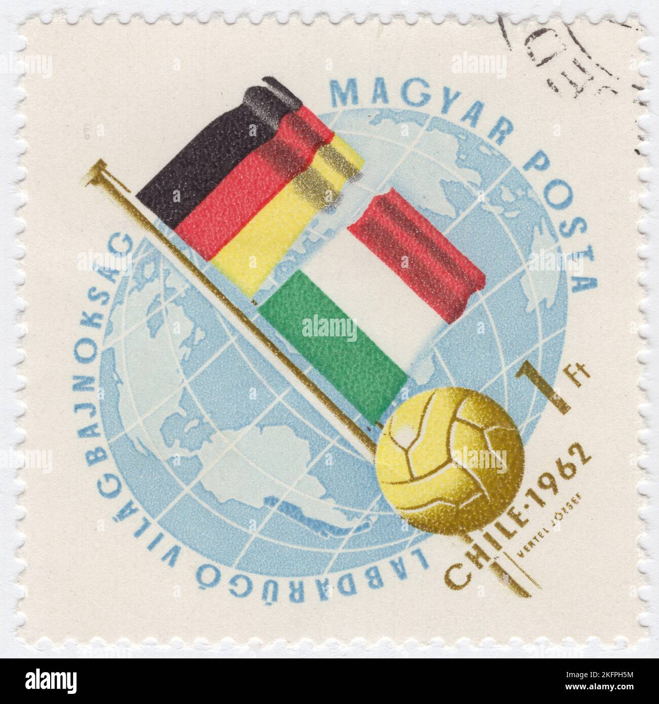 HUNGARY - 1962 May 21: An 1 forint blue and bister postage stamp depicting Globe, Soccer Ball and Flags of Germany and Italy. Flags in National  Colors. World Cup Soccer Championship, Chile, May 30...June 17. A total of 56 teams entered the 1962 FIFA World Cup qualification rounds, competing for a total of 16 spots in the final tournament. Chile, as the hosts, and Brazil, as the defending champions, qualified automatically, leaving 14 spots open for competition Stock Photo