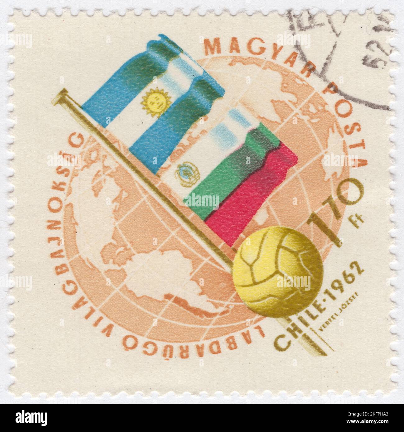 HUNGARY - 1962 May 21: An 1,70 forint ocher and bister postage stamp depicting Globe, Soccer Ball and Flags of Argentina and Bulgaria. Flags in National  Colors. World Cup Soccer Championship, Chile, May 30...June 17. A total of 56 teams entered the 1962 FIFA World Cup qualification rounds, competing for a total of 16 spots in the final tournament. Chile, as the hosts, and Brazil, as the defending champions, qualified automatically, leaving 14 spots open for competition Stock Photo