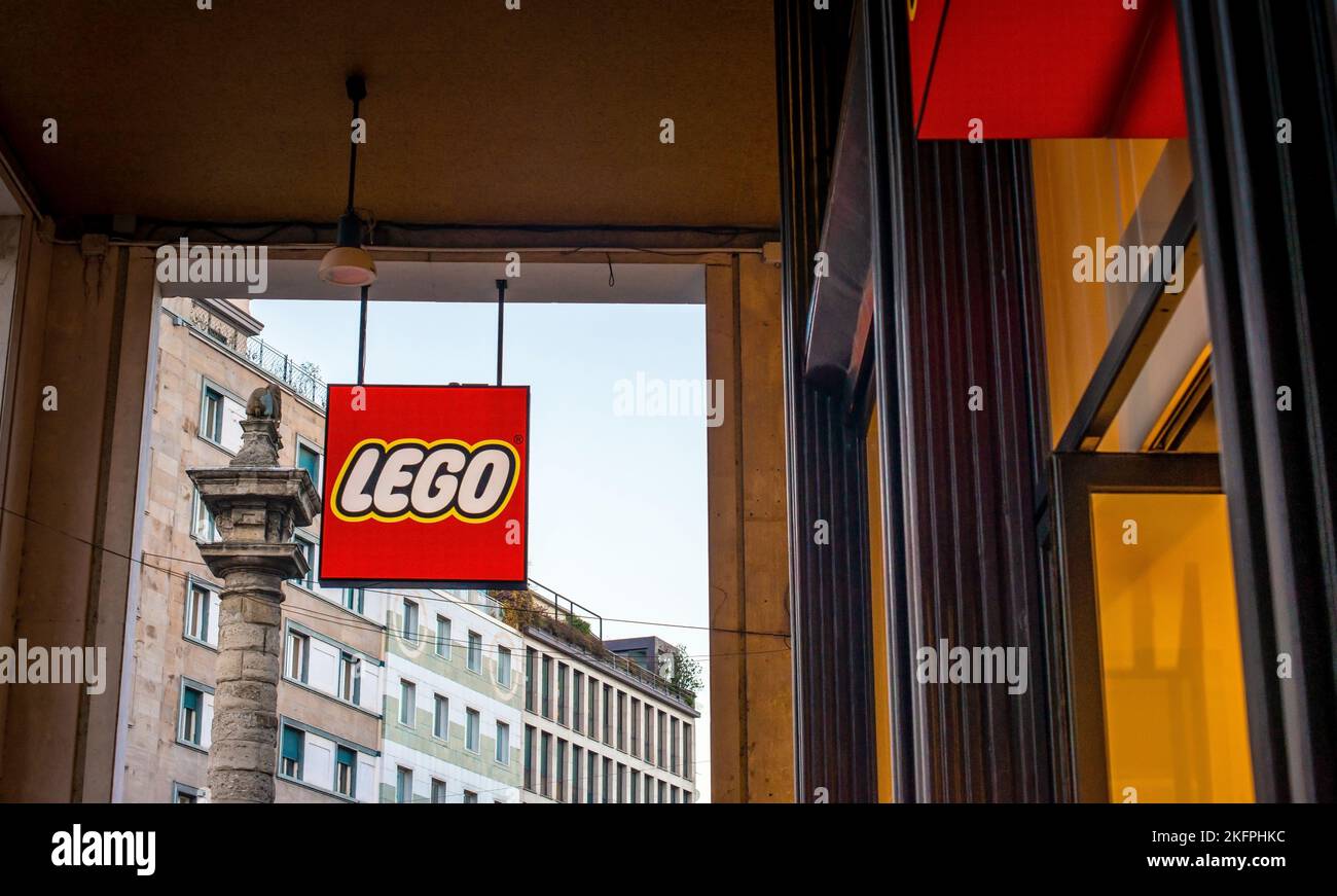 Milan, Italy, 20 December 2018: Lego logo on a store building. Lego is a line of plastic construction toys that are manufactured by The Lego Group, a Stock Photo