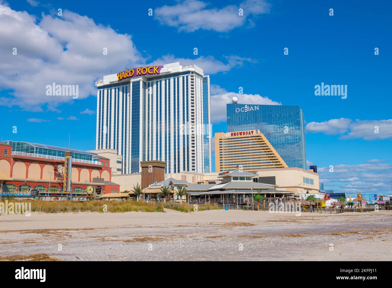 Hard Rock Hotel, Showboat and Ocean Casino Resort at Boardwalk in Atlantic City, New Jersey NJ, USA. Stock Photo
