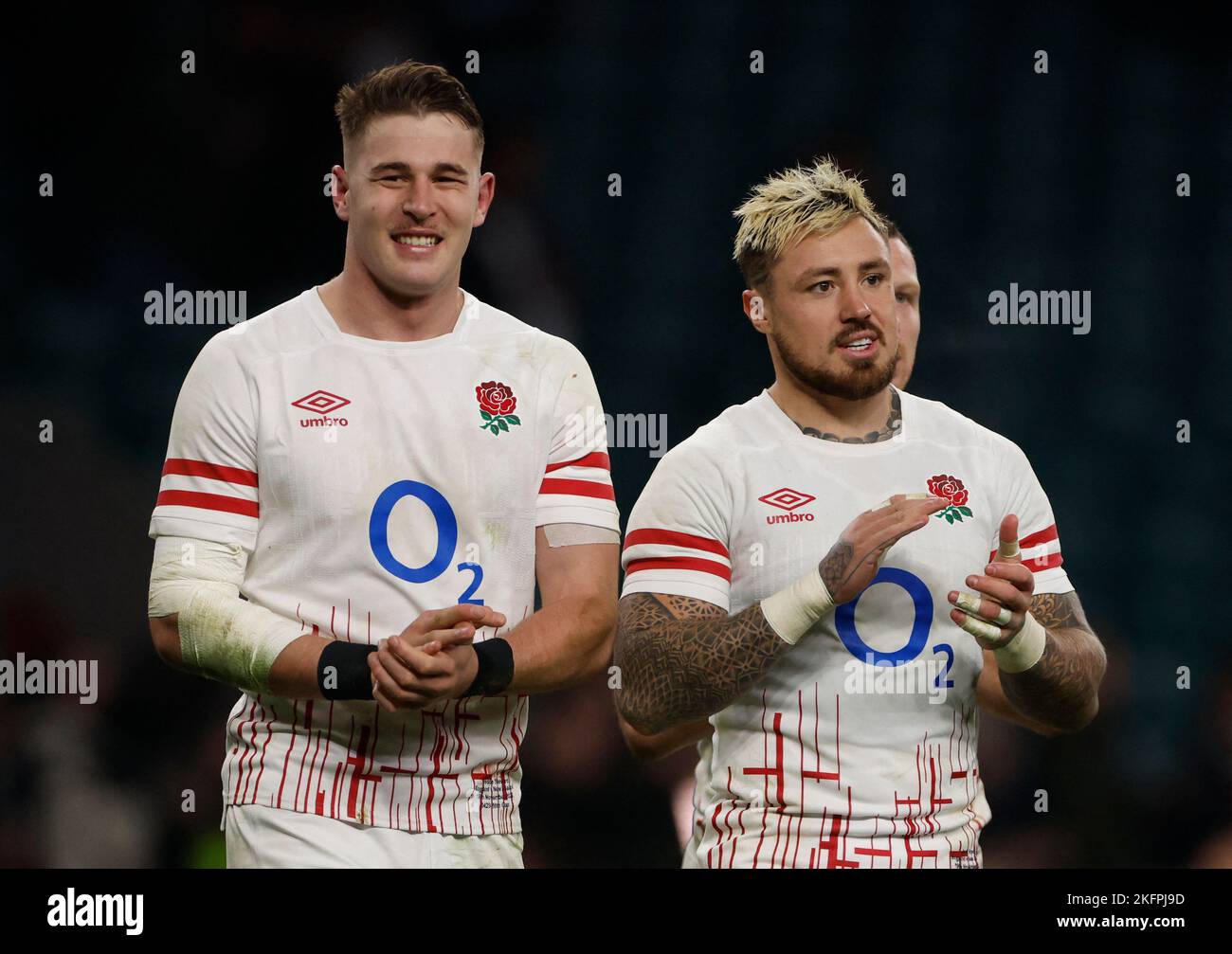 Rugby Union - International - England v New Zealand - Twickenham Stadium, London, Britain - November 19, 2022 England's Freddie Steward and Jack Nowell applaud fans after the match Action Images via Reuters/Andrew Couldridge Stock Photo
