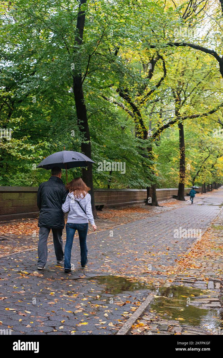 A couple walking along Fifth Avenue, near Central Park on a rainy afternoon in New York City, NY. Stock Photo