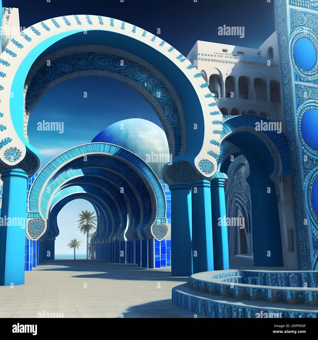 An illustrated 3D rendered design of the interior of a blue building