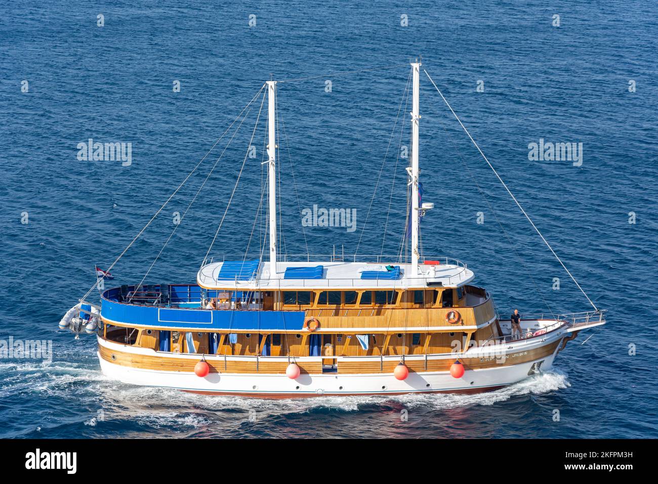 Kapetan Jure wooden motor yacht approaching Split, Split-Dalmatia County, Croatia Stock Photo