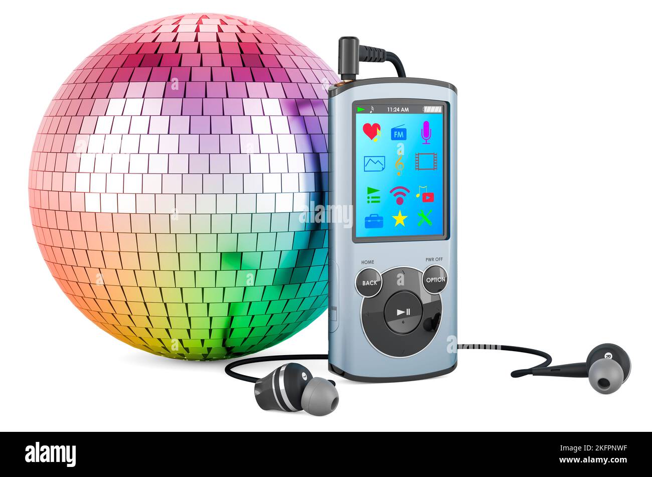 Digital audio player with mirror disco ball, 3D rendering isolated on