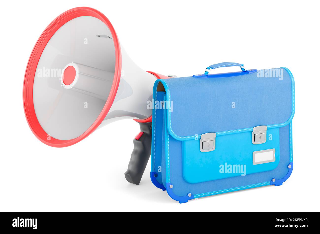 Megaphone with schoolbag, 3D rendering isolated on white background Stock Photo