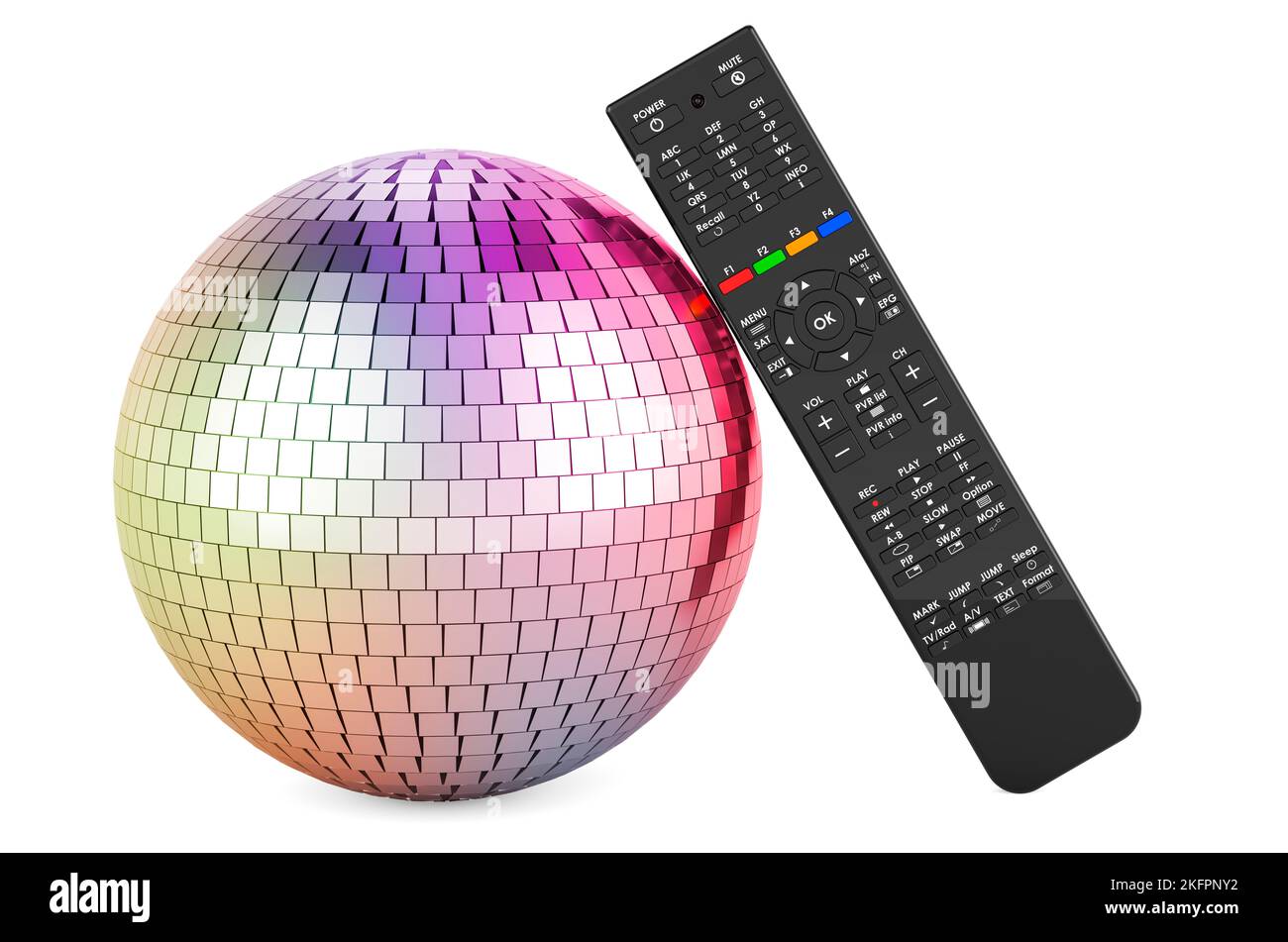Mirror disco ball with TV remote control, 3D rendering isolated on