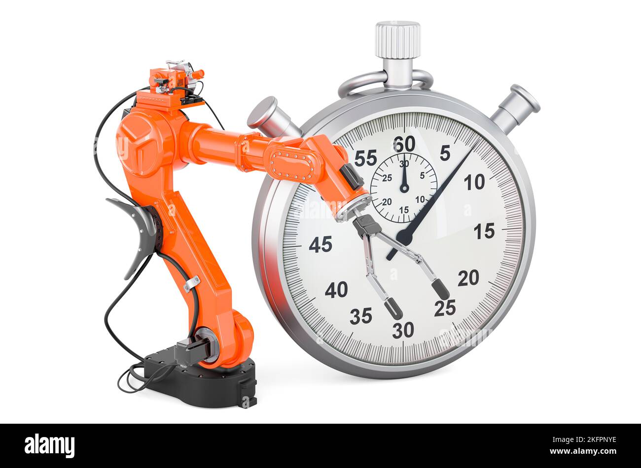 Stopwatch with robotic arm, 3D rendering isolated on white background ...