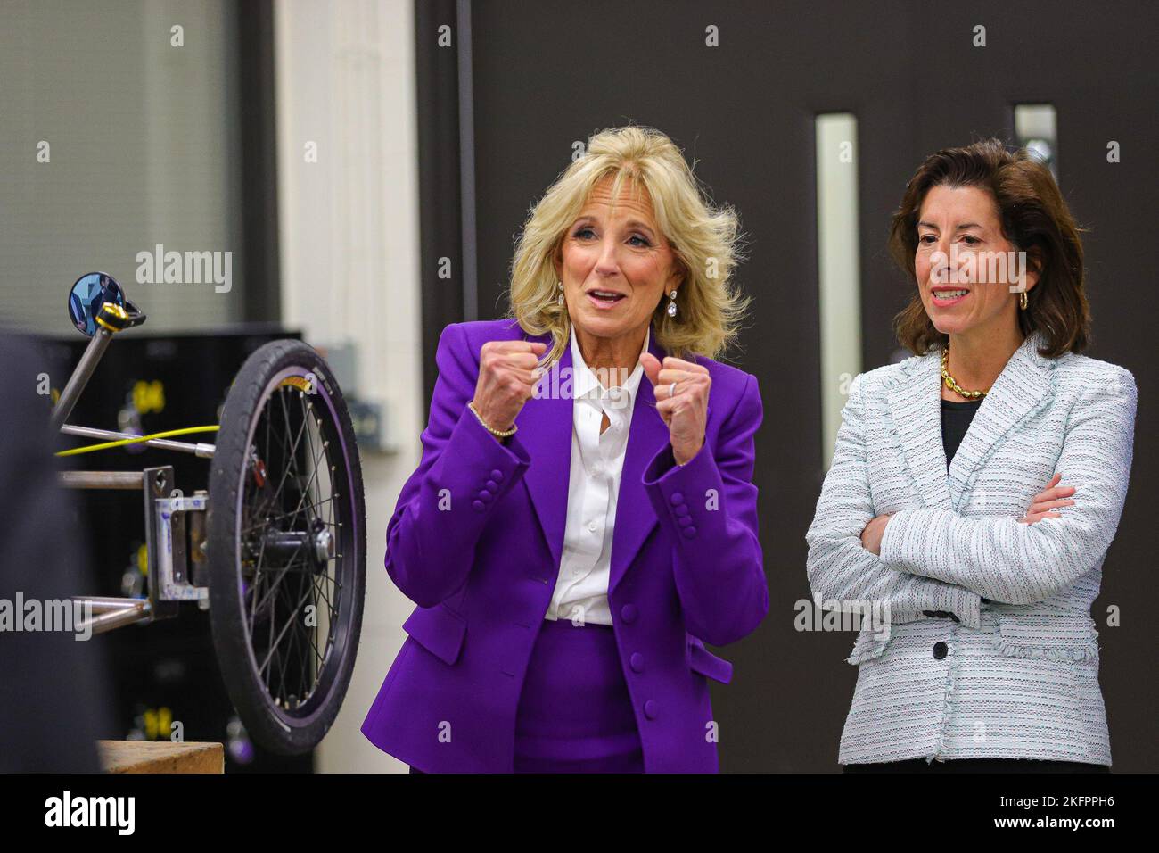 NOVEMBER 14 - CHICAGO, IL: First Lady Dr. Jill Biden, U.S. Secretary of Commerce Gina Raimondo and  visits Rolling Meadows High School for an educational roundtable with students and teachers on November 14, 2022 in Rolling Meadows, Illinois.  (Photo: Cruz Gutierrez/The Photo Access) Stock Photo