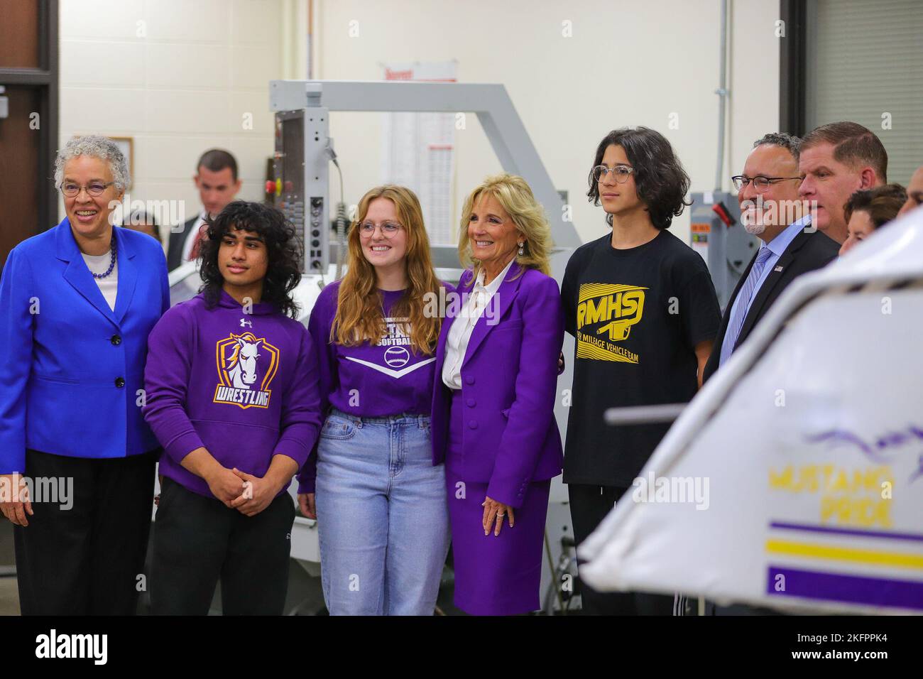 NOVEMBER 14 - CHICAGO, IL: Cook County Board President Toni Preckwinkle (l), students Ethan Salibio and Kaitlyn De Loncker, First Lady Dr. Jill Biden, student, U.S. Secretary of Education Miguel Cardona and U.S. Secretary of Labor Marty Walsh visits Rolling Meadows High School for an educational roundtable with students and teachers on November 14, 2022 in Rolling Meadows, Illinois.  (Photo: Cruz Gutierrez/The Photo Access) Stock Photo