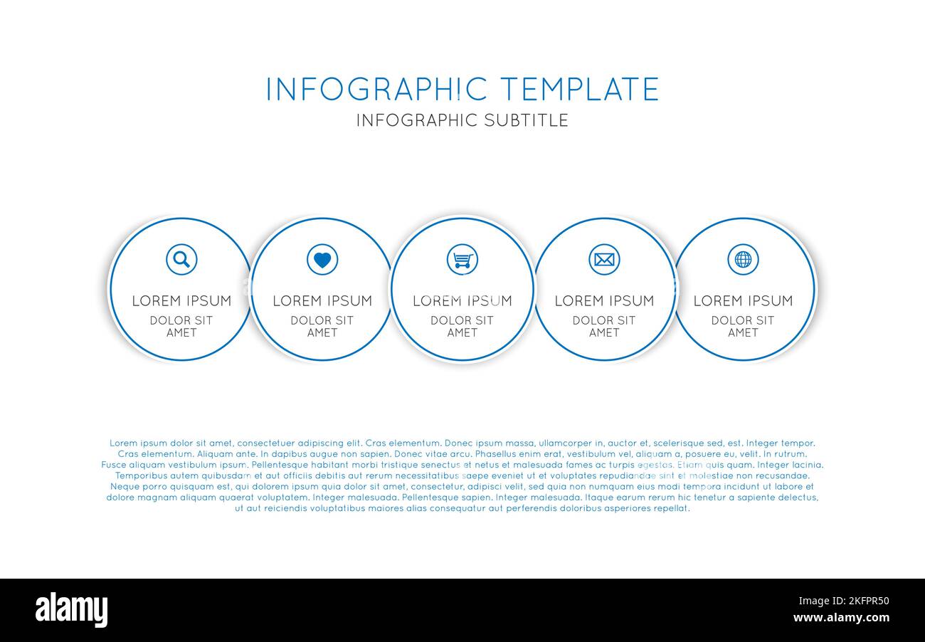 Vector infographic template with five white circles with blue edges and icons. Modern process scheme on black background Stock Vector