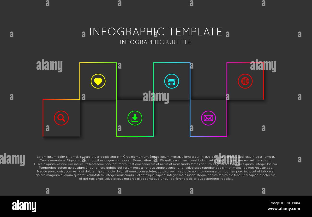 Vector infographic template with six dark squares with icons and descriptions. Modern process scheme on black background Stock Vector