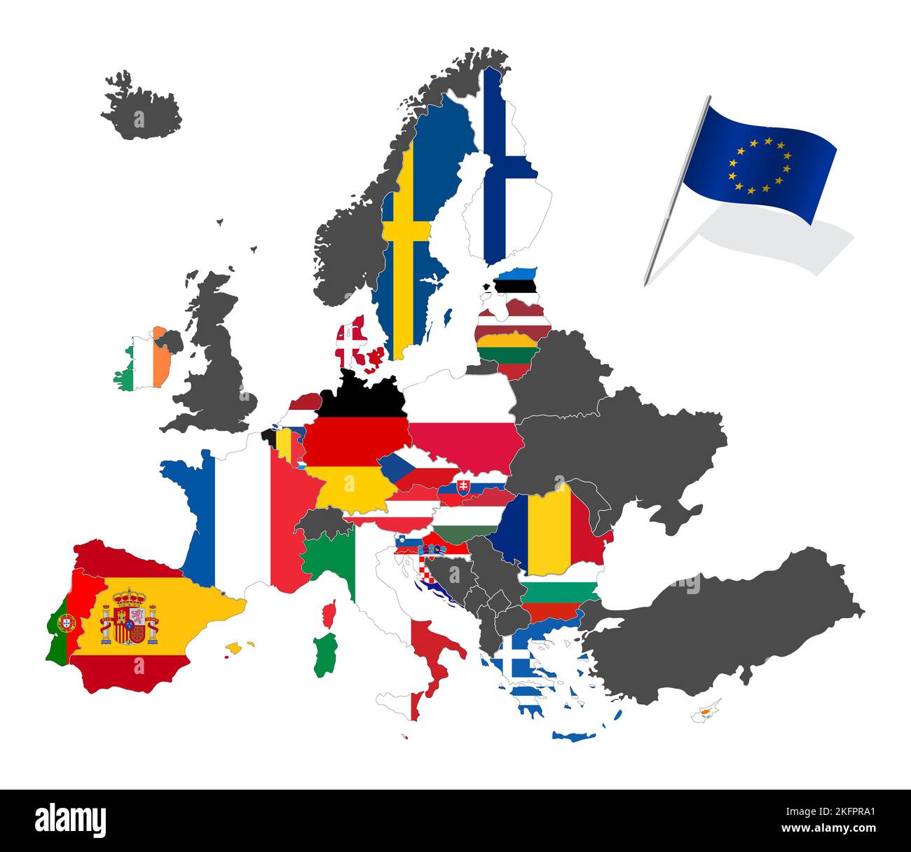 Map of Europe with the European Union member states flags after Brexit. Vector illustration isolated on white background Stock Vector