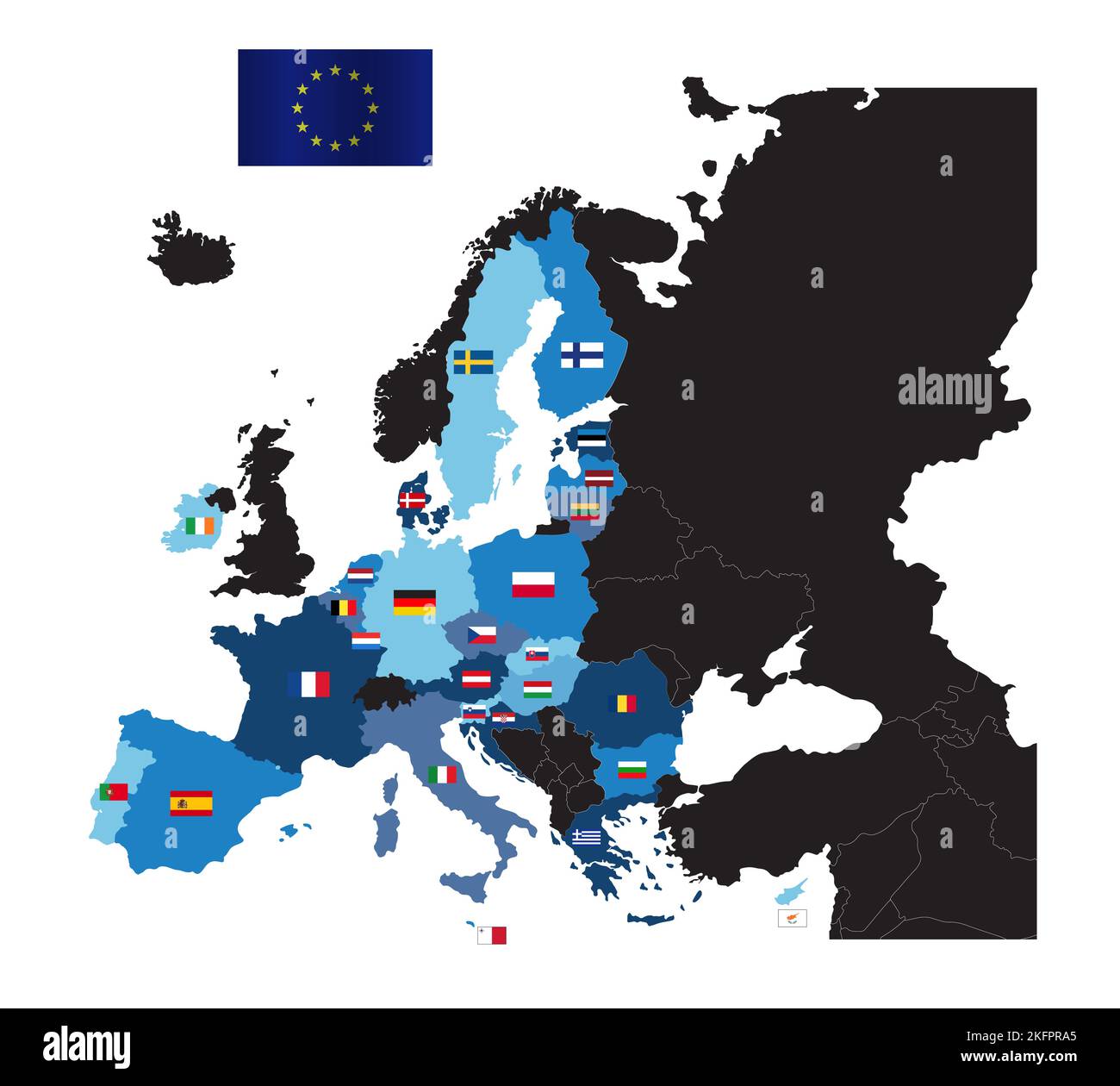 European Union map with flags of member countries without the United Kingdom. Map of European Union after Brexit Stock Vector